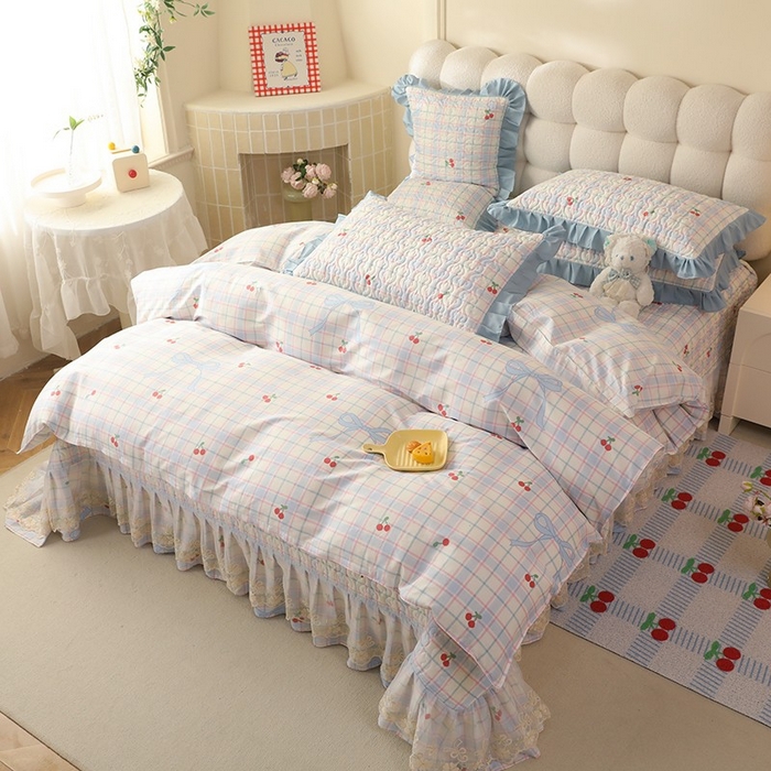 91家纺网 家纺一手货源 找家纺 美达家纺2025新款全棉蕾丝边单床盖四件套 樱桃乐园