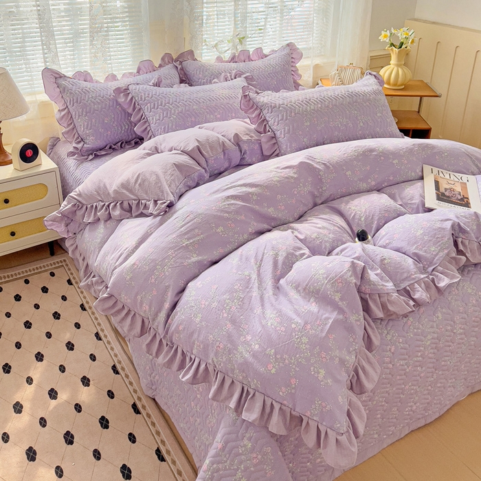 91家纺网 家纺一手货源 找家纺 纽缦家纺2025新款云感提花双层纱床盖韩版四件套 恋如青柠香