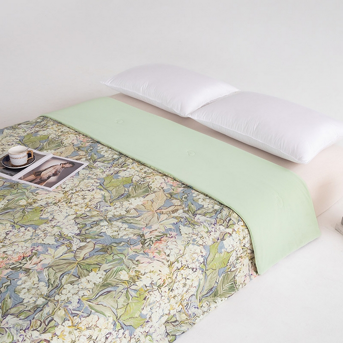 91家纺网 家纺一手货源 找家纺 睡棉坊2025新款数码印花高克重凉感丝夏凉被呱呱被10%大豆纤维填充带质检报告 梵高灰