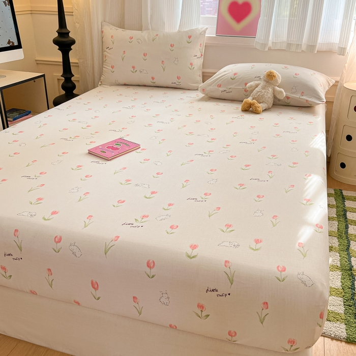 91家纺网 家纺一手货源 找家纺 博雅 2025新款全棉A类双层纱床笠 花园萌兔