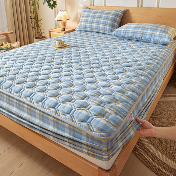 91家纺网 家纺一手货源 找家纺 雪云美2025新款A类全棉色织水洗棉夹棉床笠大豆床罩床垫保护套可定制 莫尼 蓝