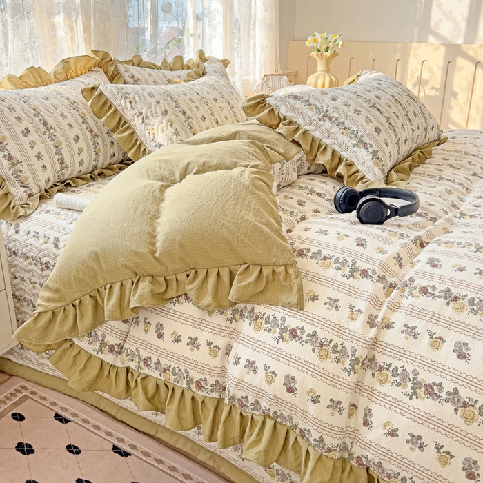 91家纺网 家纺一手货源 找家纺 纽缦家纺2025新款云感提花双层纱床盖韩版四件套 玫瑰哒