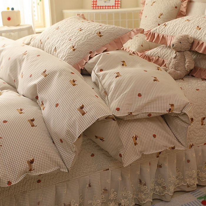 91家纺网 家纺一手货源 找家纺 美达家纺2025新款全棉蕾丝边单床盖四件套 快乐追梦