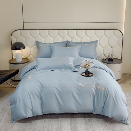 U品汇 2025新款纯棉全棉长绒棉刺绣绣花高端礼盒四件套-叶夕 花晨叶夕-云水蓝