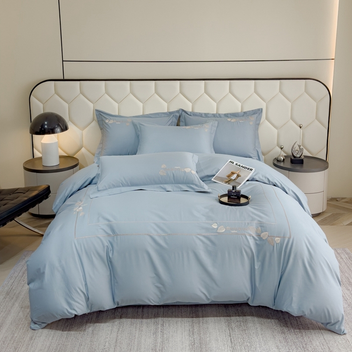 91家纺网 家纺一手货源 找家纺 U品汇  2025新款纯棉全棉长绒棉刺绣绣花高端礼盒四件套-叶夕 花晨叶夕-云水蓝