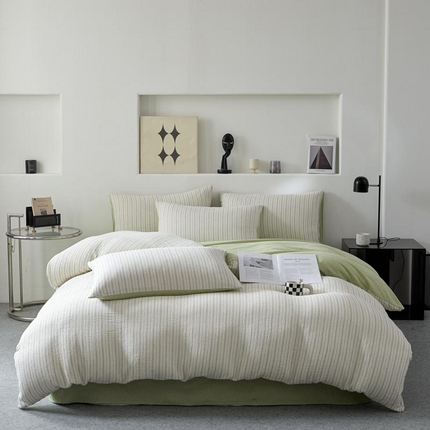 91家纺网 家纺一手货源 找家纺 AB家纺 2025新款三层款皱皱纱条纹四件套 小半-浅绿