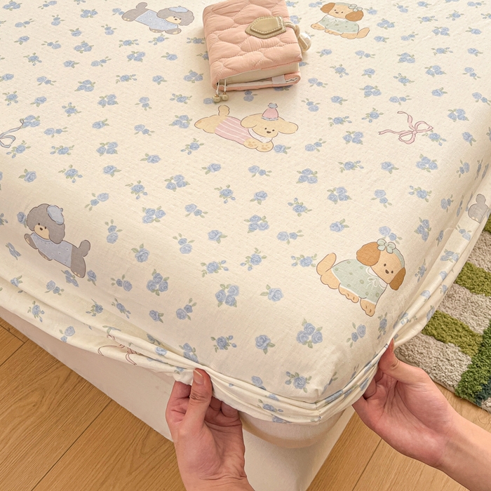 91家纺网 家纺一手货源 找家纺 博雅 2025新款全棉A类双层纱床笠 汪星人