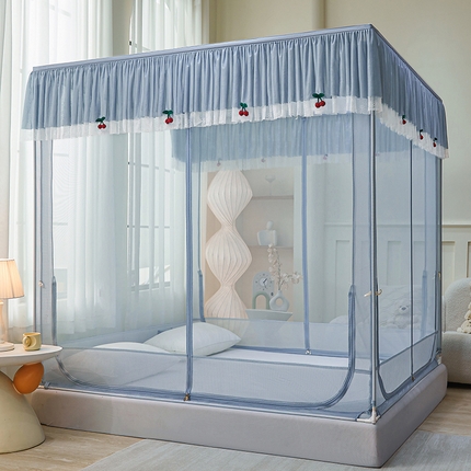 青竹苑2025新款花边款床笠底防摔坐床蚊帐-樱桃 樱桃-蓝灰