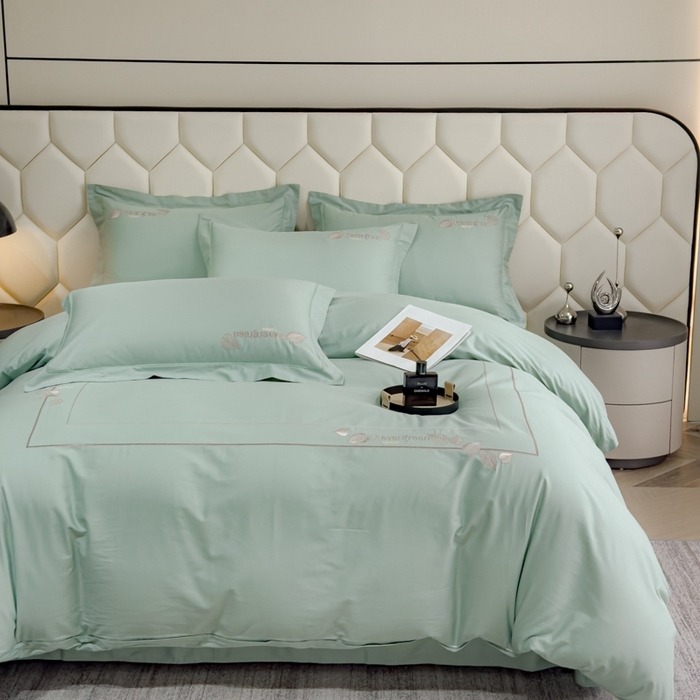 91家纺网 家纺一手货源 找家纺 U品汇  2025新款纯棉全棉长绒棉刺绣绣花高端礼盒四件套-叶夕 花晨叶夕-冰川绿