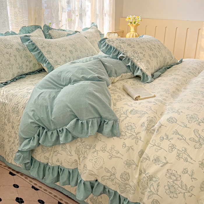 91家纺网 家纺一手货源 找家纺 纽缦家纺2025新款云感提花双层纱床盖韩版四件套 海像森林