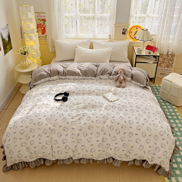 91家纺网 家纺一手货源 找家纺 纽缦家纺 2025新款云感提花双层纱韩版被套 猫咪恋人