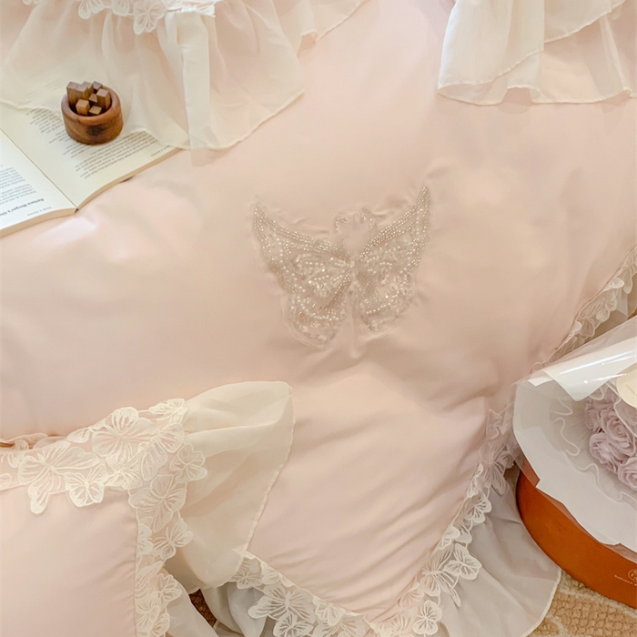 91家纺网 家纺一手货源 找家纺 吾欢心2025新款糯小棉立体蝴蝶花边套件-蝶恋花系列 蝶恋花粉