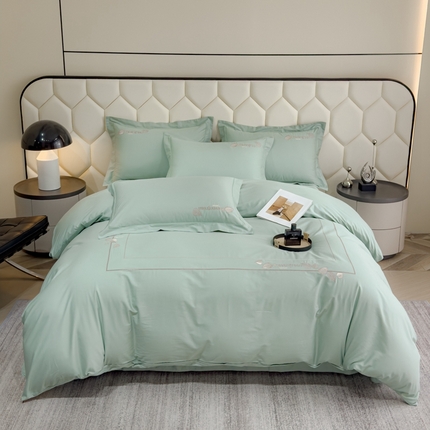 U品汇 2025新款纯棉全棉长绒棉刺绣绣花高端礼盒四件套-叶夕 花晨叶夕-冰川绿