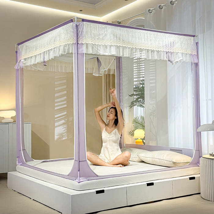 91家纺网 家纺一手货源 找家纺 青竹苑2025新款花边款床笠底防摔坐床蚊帐-铃兰花开 铃兰花开-暗夜紫