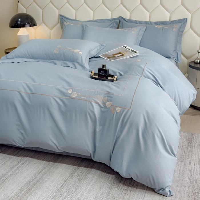 91家纺网 家纺一手货源 找家纺 U品汇  2025新款纯棉全棉长绒棉刺绣绣花高端礼盒四件套-叶夕 花晨叶夕-云水蓝