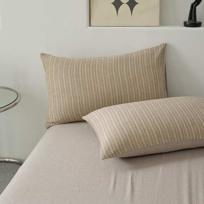 91家纺网 家纺一手货源 找家纺 AB家纺 2025新款三层款皱皱纱条纹四件套 小半-松果褐