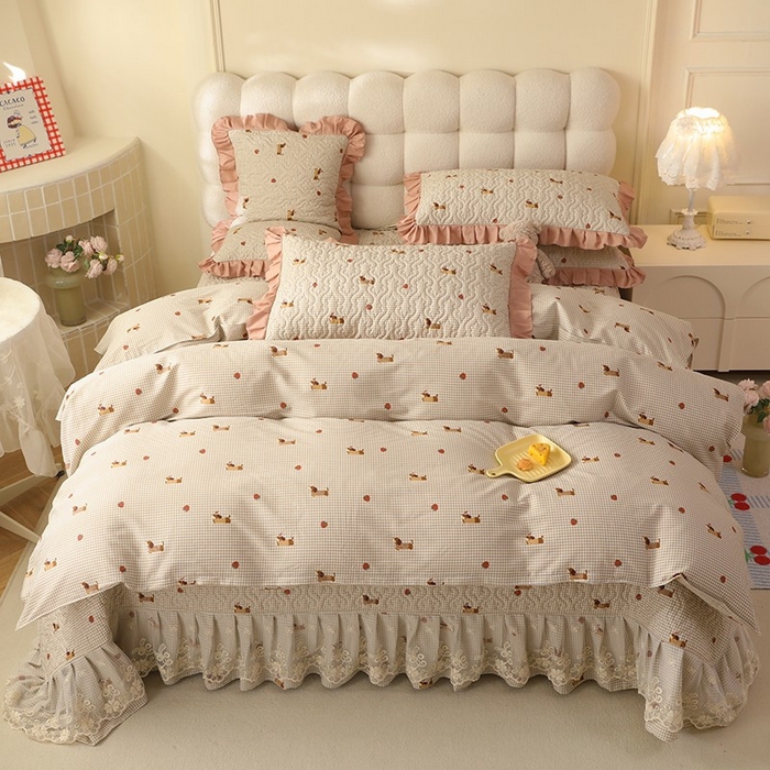 91家纺网 家纺一手货源 找家纺 美达家纺2025新款全棉蕾丝边单床盖四件套 快乐追梦