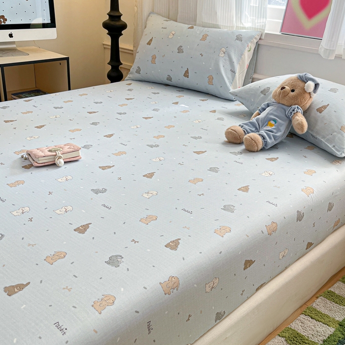 91家纺网 家纺一手货源 找家纺 博雅 2025新款全棉A类双层纱床笠 兔兔蜜语