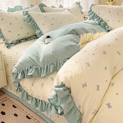 91家纺网 家纺一手货源 找家纺 （总）纽缦家纺2025新款云感提花双层纱床盖韩版四件套