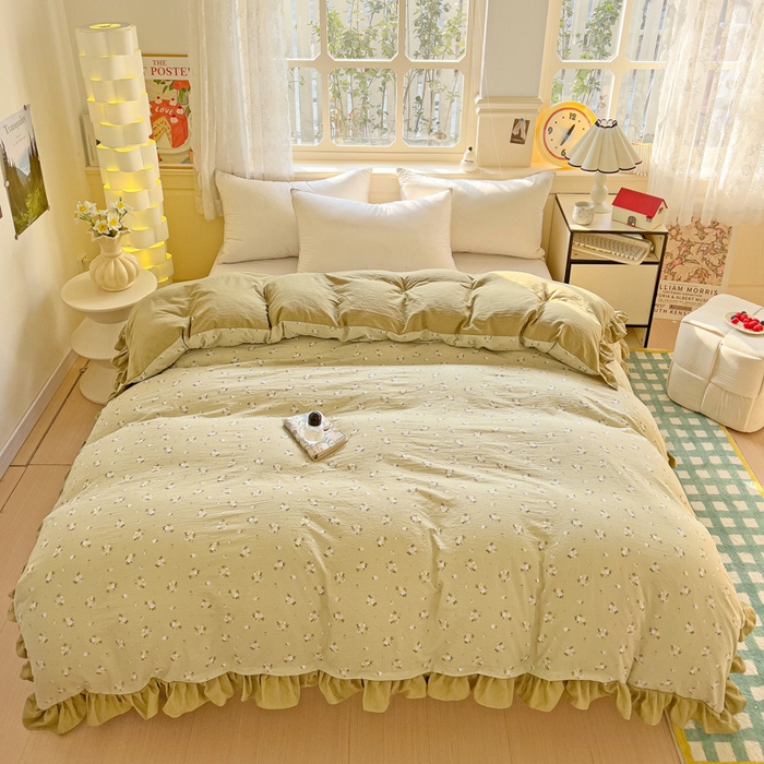 91家纺网 家纺一手货源 找家纺 纽缦家纺 2025新款云感提花双层纱韩版被套 日落暮年绿