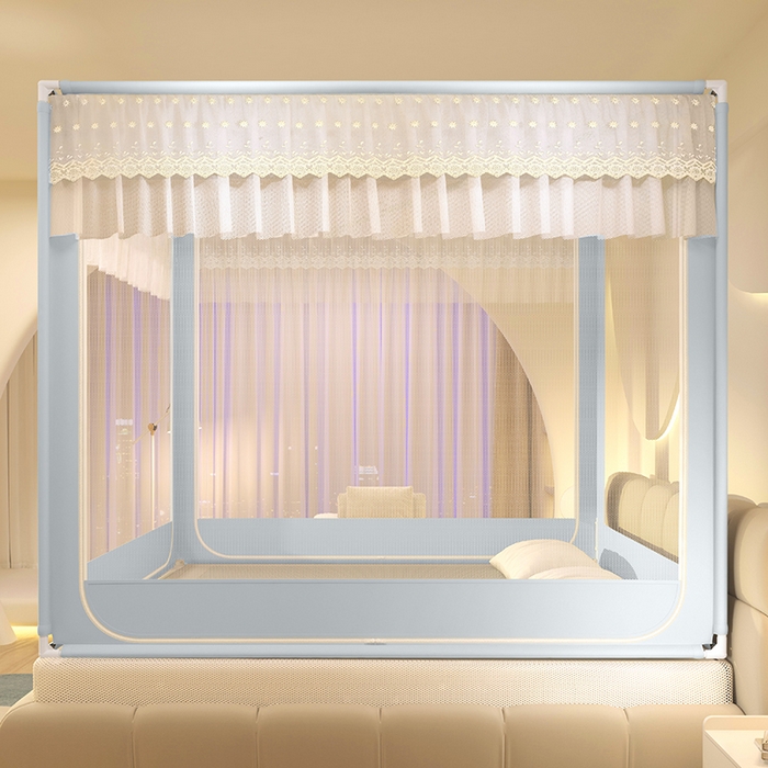 91家纺网 家纺一手货源 找家纺 青竹苑2025新款花边款床笠底防摔坐床蚊帐-铃兰花开 铃兰花开-蓝灰