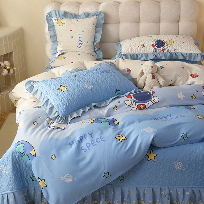 91家纺网 家纺一手货源 找家纺 美达家纺2025新款全棉蕾丝边单床盖四件套 太空卫士