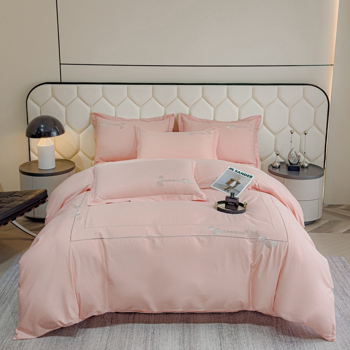 91家纺网 家纺一手货源 找家纺 U品汇  2025新款纯棉全棉长绒棉刺绣绣花高端礼盒四件套-叶夕 花晨叶夕-藕荷色