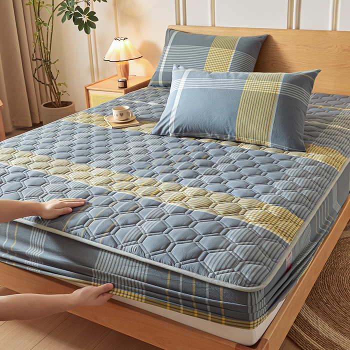 91家纺网 家纺一手货源 找家纺 雪云美2025新款A类全棉色织水洗棉夹棉床笠大豆床罩床垫保护套可定制 拿铁 灰