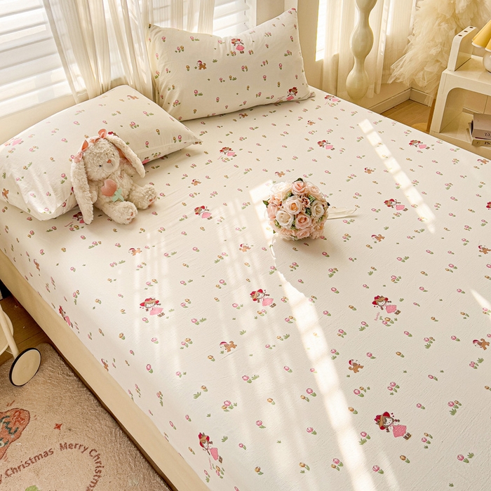 91家纺网 家纺一手货源 找家纺 纽缦家纺 2025新款云感提花双层纱床笠 蜜糖之恋