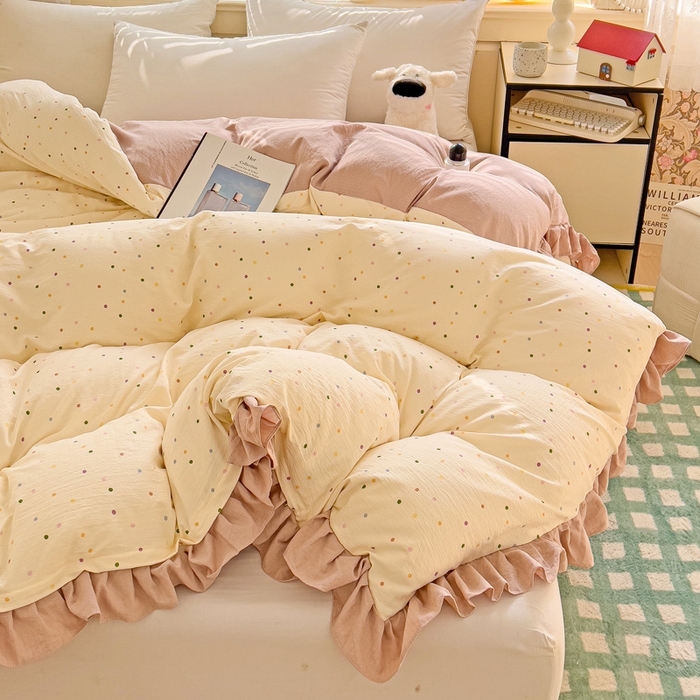 91家纺网 家纺一手货源 找家纺 纽缦家纺 2025新款云感提花双层纱韩版被套 波点世界