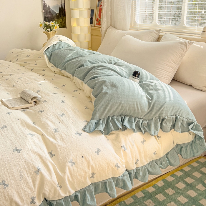 91家纺网 家纺一手货源 找家纺 纽缦家纺 2025新款云感提花双层纱韩版被套 相思蓝