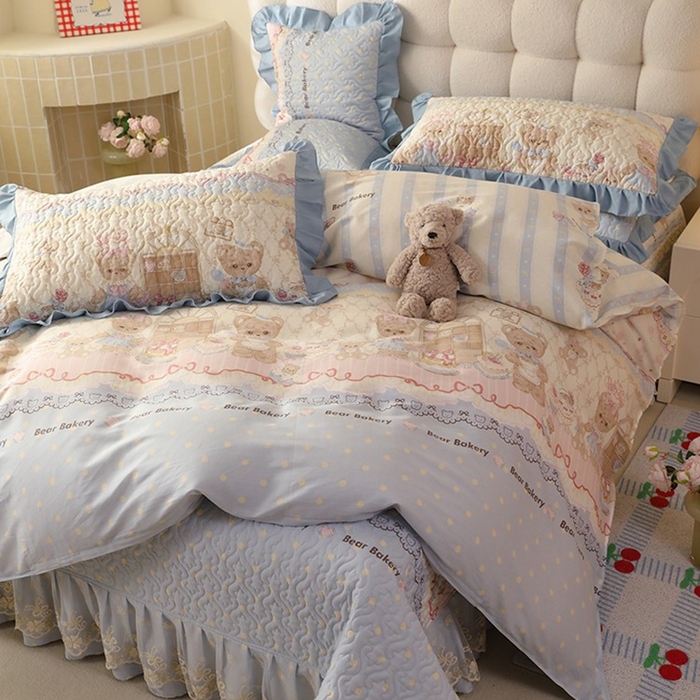 91家纺网 家纺一手货源 找家纺 美达家纺2025新款全棉蕾丝边单床盖四件套 熊仔派对