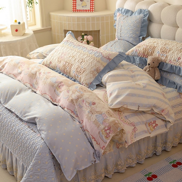 91家纺网 家纺一手货源 找家纺 美达家纺2025新款全棉蕾丝边单床盖四件套 熊仔派对