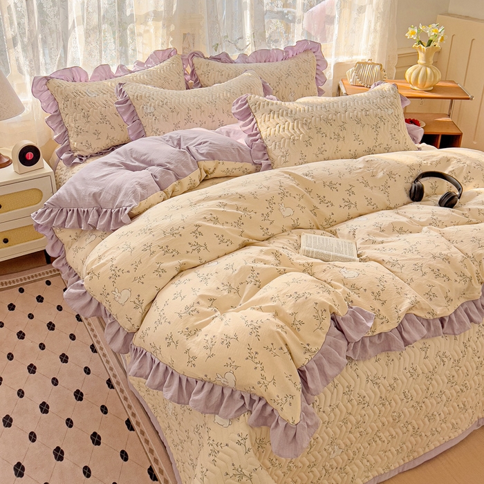 91家纺网 家纺一手货源 找家纺 纽缦家纺2025新款云感提花双层纱床盖韩版四件套 森田野园