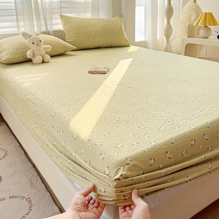 91家纺网 家纺一手货源 找家纺 纽缦家纺 2025新款云感提花双层纱床笠 落日暮年绿