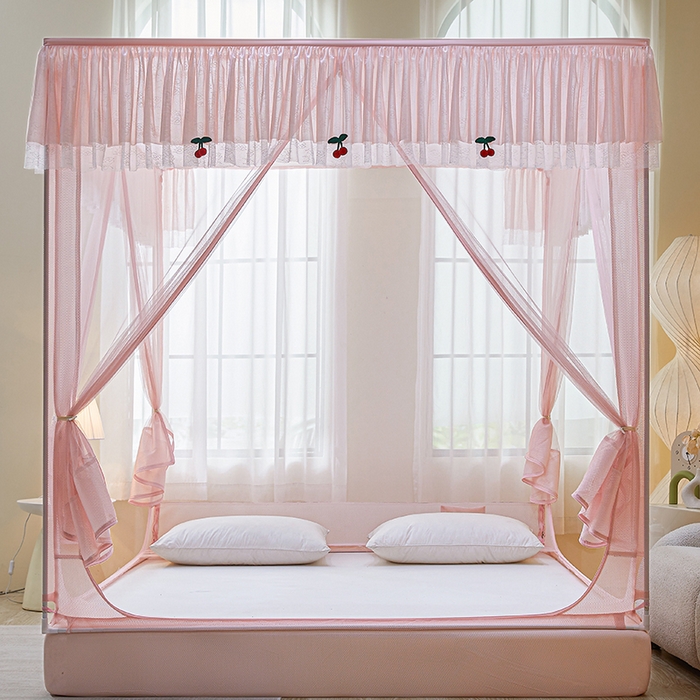 91家纺网 家纺一手货源 找家纺 青竹苑2025新款花边款床笠底防摔坐床蚊帐-樱桃 樱桃-樱花粉