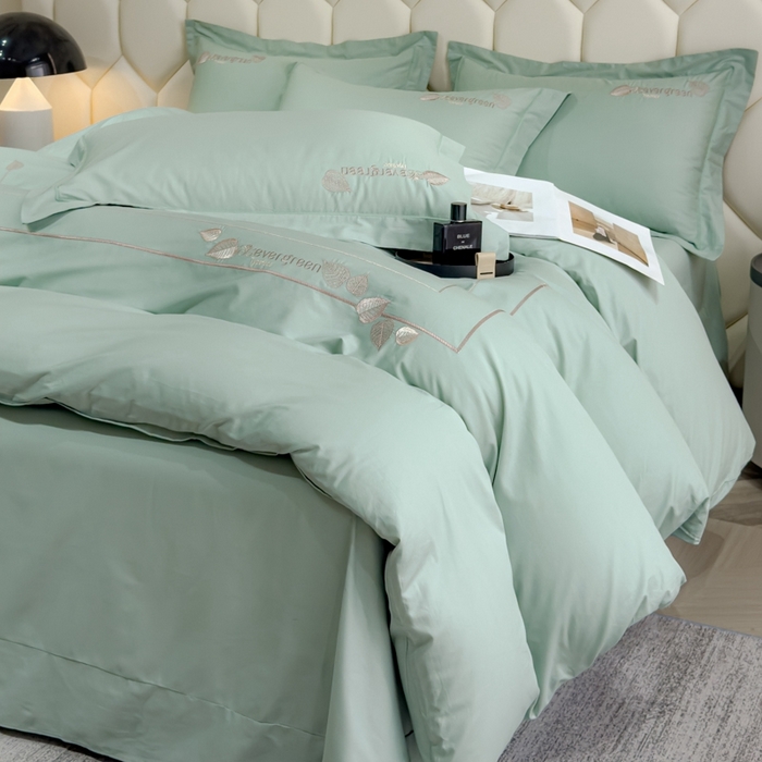 91家纺网 家纺一手货源 找家纺 U品汇  2025新款纯棉全棉长绒棉刺绣绣花高端礼盒四件套-叶夕 花晨叶夕-冰川绿