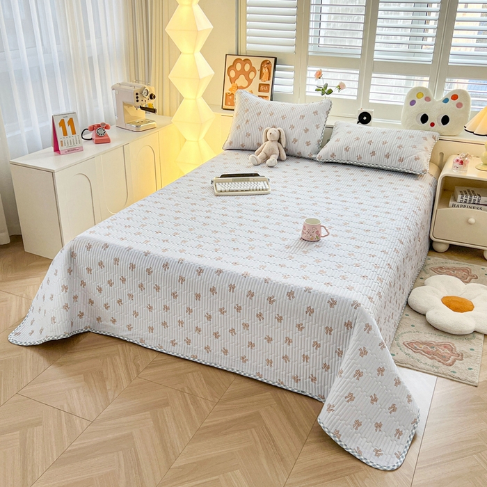 91家纺网 家纺一手货源 找家纺 雅萱家纺  2025新款双面全棉印花床盖三件套 格纹蝴蝶结