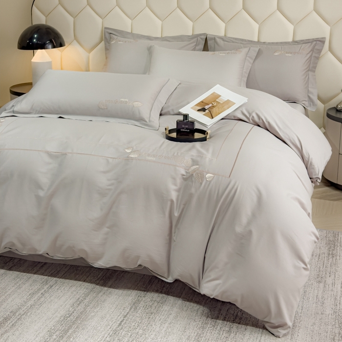 91家纺网 家纺一手货源 找家纺 U品汇  2025新款纯棉全棉长绒棉刺绣绣花高端礼盒四件套-叶夕 花晨叶夕-银灰