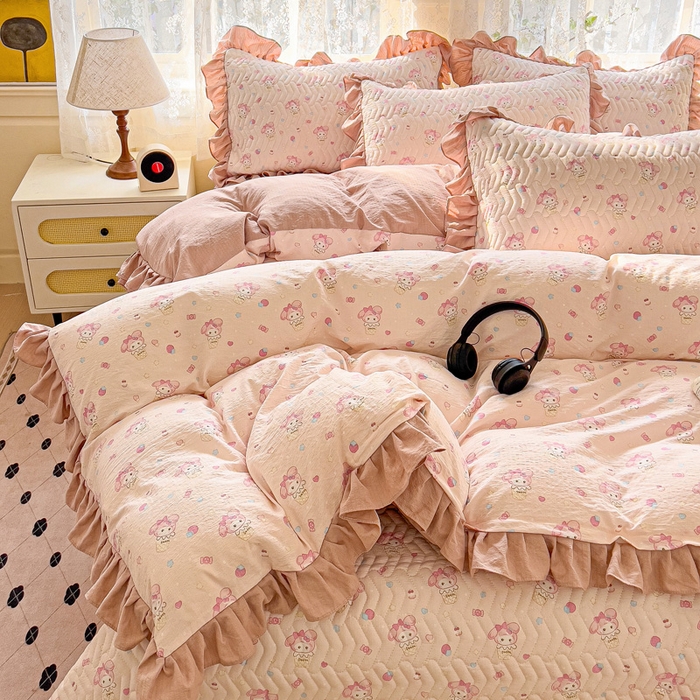 91家纺网 家纺一手货源 找家纺 纽缦家纺2025新款云感提花双层纱床盖韩版四件套 小鸥鸥