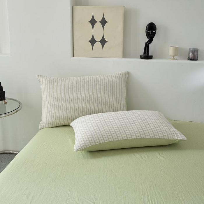 91家纺网 家纺一手货源 找家纺 AB家纺 2025新款三层款皱皱纱条纹四件套 小半-浅绿