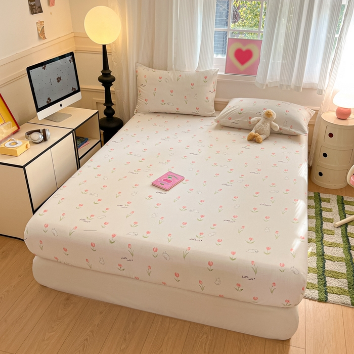 91家纺网 家纺一手货源 找家纺 博雅 2025新款全棉A类双层纱床笠 花园萌兔