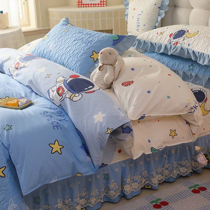 91家纺网 家纺一手货源 找家纺 美达家纺2025新款全棉蕾丝边单床盖四件套 太空卫士