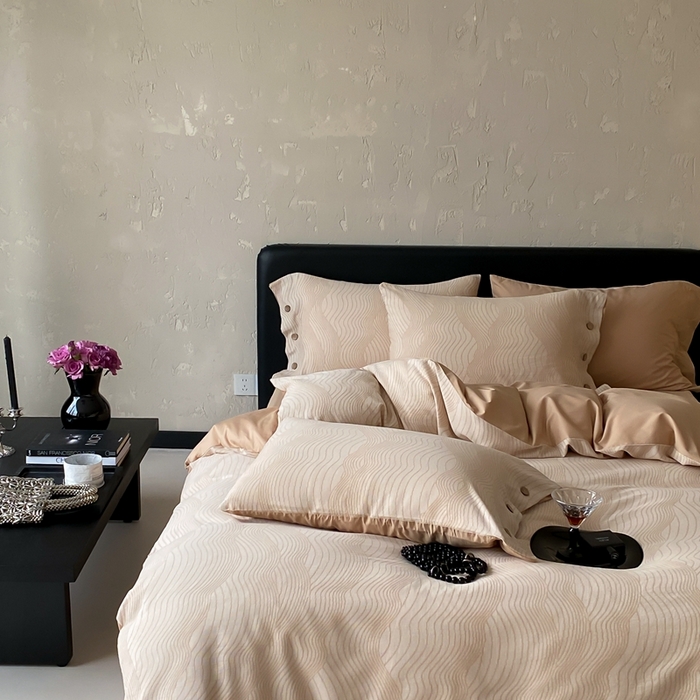 91家纺网 家纺一手货源 找家纺 旷野 2025新款全棉色织提花四件套 听潮-奶咖