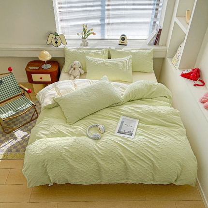 91家纺网 家纺一手货源 找家纺 麒东家纺  2025年新款水洗棉春夏菱形格双拼小清新高品质四件套 菱形格-绿黄
