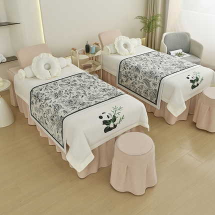 不打烊家纺 2025新款贡缎绣花熊猫系列美容床罩 米白色拼卡其色