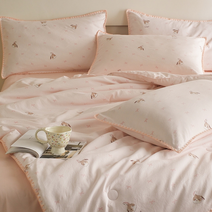 91家纺网 家纺一手货源 找家纺 暖阳 2025年新款大豆双层纱夏被四件套 萌萌兔