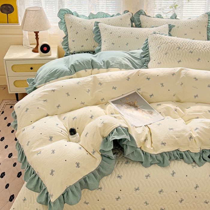 91家纺网 家纺一手货源 找家纺 纽缦家纺2025新款云感提花双层纱床盖韩版四件套 相思蓝