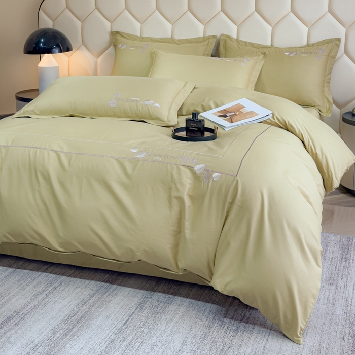 91家纺网 家纺一手货源 找家纺 U品汇  2025新款纯棉全棉长绒棉刺绣绣花高端礼盒四件套-叶夕 花晨叶夕-浅豆绿