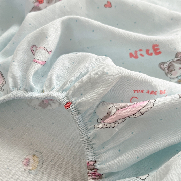 91家纺网 家纺一手货源 找家纺 博雅 2025新款全棉A类双层纱床笠 晚安猫